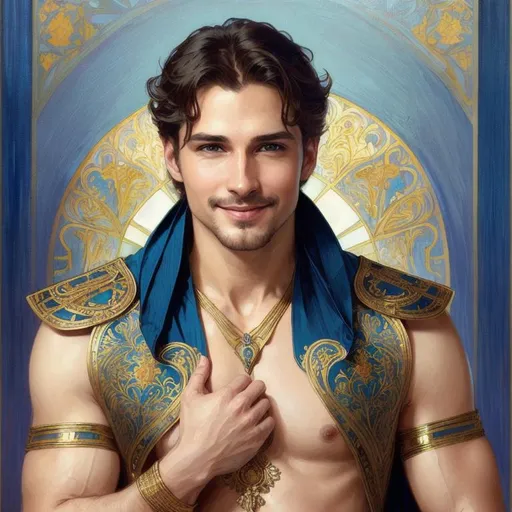 Prompt: handsome smiling man with perfect face and blue eyes, simple, beautiful, intricate, elegant, highly detailed, digital painting, artstation, concept art, smooth, sharp focus, illustration, art by artgerm and greg rutkowski and alphonse mucha 