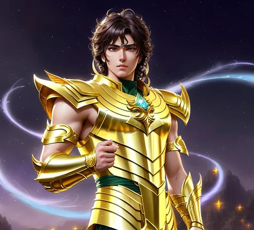 Prompt: Saint Seiya character, zodiac knight, Leo aiolia, wearing the Leo gold Cloth, handsome manly face, realistic style by pino daeni, artgerm, charlie bowater, WLOP, super detailed, realistic, unreal engine, silky flowing curly hair, cyan green eyes 