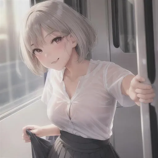 Prompt: Realistic full body portrait, Japanese young cute girl in train, simple makeup, clear facial features, short hair, gray eyes | Symmetry, light eyebrows, beautiful detailed eyes, low cheek bones, accurate anatomy, seductive white shirt, see-through shirt, smile, seductive dance pose, seductive breast-feeding, pink clear nippl, facing the camera,  bright, blue sky, sun shining on the face, Inspired by the works of Japanese photographer Rinko Kawauchi, Sony A7IV, Sony 50mm GM lens, real photo , cherry blossoms in the foreground, super fine detail, 4k, 64k, high detail, professional, the soft focus and muted colors of the image convey a sense of introspection, 1 girl,