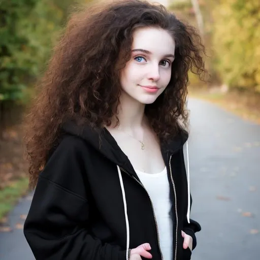 Prompt: a bubbly girl in her early twenties with brunette frizzy curly hair, wearing a black zip-up hoodie, pale skin 
