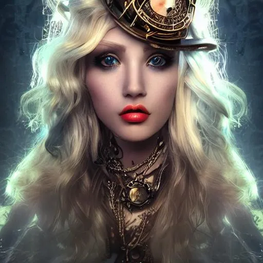 Prompt: hyper realistic steampunk lady, intricate and ornate, huge full lips, long blonde hair, metal, maze, award winning CGI, Behance, WLOP, colorful, wind 