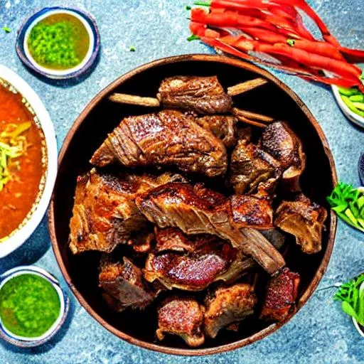 Prompt: BOWL OF KAMBING GRILL FROM ABOVE PNG
