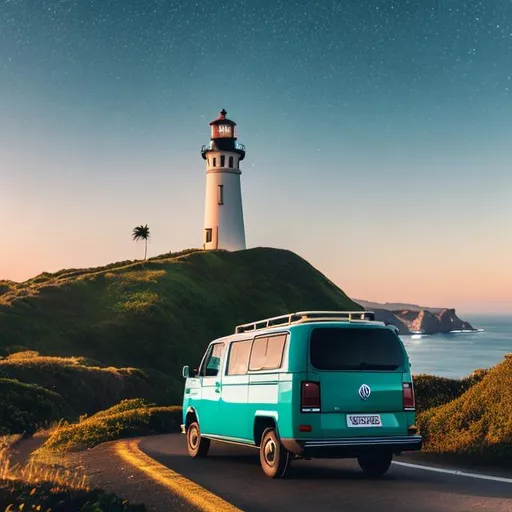 Prompt: a Volkswagen van on the way going to a lighthouse on a curved mountain at night ocean view
