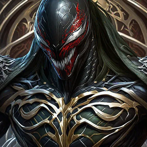 Prompt: Symbiot Venom with Spawn cybernetic suit (remaining set) photorealistic intricate, 8k, highly detailed, digital painting, symmetrical body, (detailed face), highly detailed, intense, sharp focus, art by (artgerm) and greg rutkowski and alphonse mucha and aleksi briclot, cgsociety