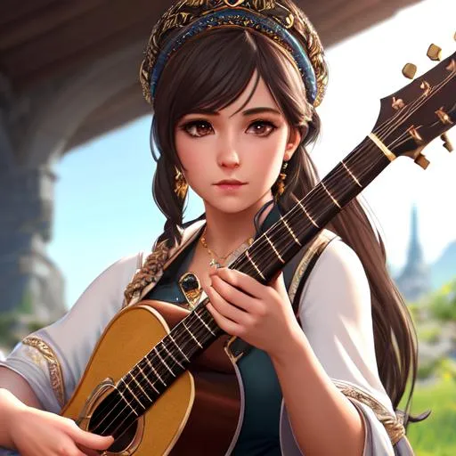 Prompt: extremely realistic, hyperdetailed, bard girl, holding instrument, RPG, D&D, highly detailed face, highly detailed eyes, full body, whole body visible, full character visible, soft lighting, high definition, ultra realistic, unreal engine 5, 8K, digital art