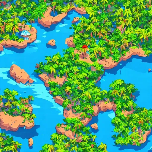 Prompt: In a bird’s eye view of a tropical island in a 2d art style, You are able to see the whole island.