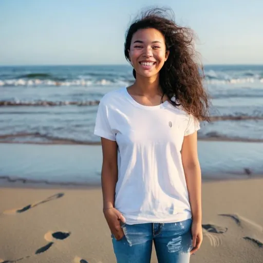 Prompt: A young woman, happy,  looking on camera,  in the beach, full body, wearing a white t-shirt