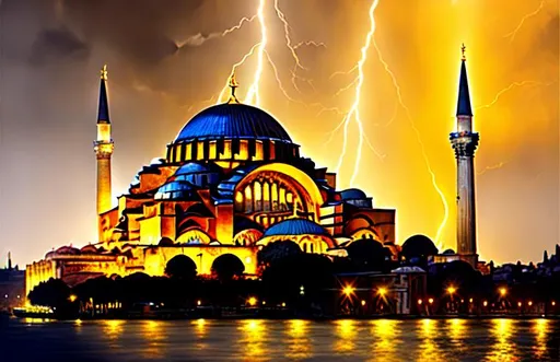 Prompt: Hagia Sophia constantinople at night dark with rain and heavy lightning landscape, lord of the rings,, rule of thirds, detailed, perfect lighting, perfect composition, 4 k, artgerm, derek zabrocki, greg rutkowski