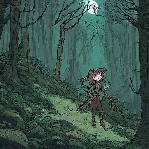 Prompt: muted arth tones,  color, cartoon, fae hiking in the forest, spooky cute