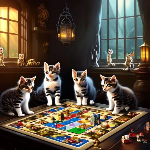 Prompt: kittens playing a board game dramatic lighting 4K Ultra HD 3D fanciful cat cute detailed realism