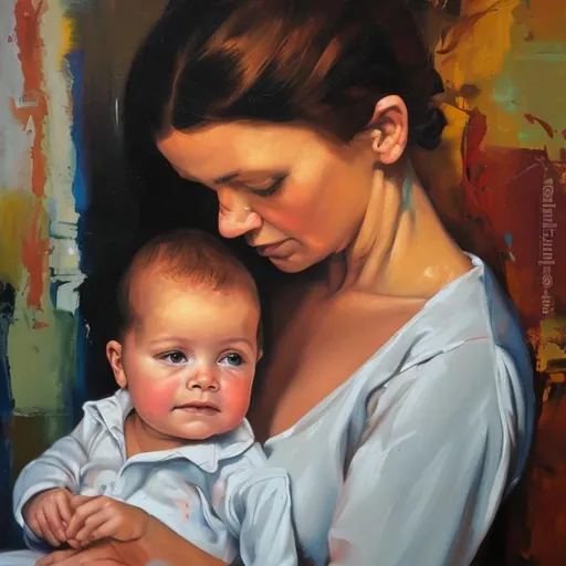 Prompt: woman and baby in oil paint