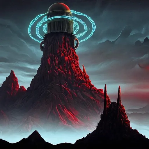 Prompt: lovecraftian style ominous mountain with a blinking red light radio tower on top