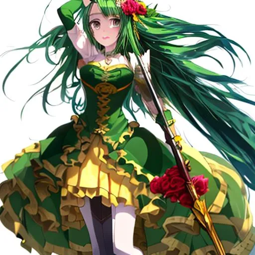 Prompt: (masterpiece), anime art, best quality, expressive eyes, perfect face, 1girl, fourteen years old girl, full body, long green hair, long hair, unbound hair, green right eye, blue left eye, heterochromatic eyes, standing, holding a pike, weapon, gauntlets, greaves, thigh highs armour, green dress with yellow ribbons, open front gown, green gown, choker with a green gem, strings connected to the body, strings going upward, giant hands above, black gloved hands above, strings emanating from the giant hands