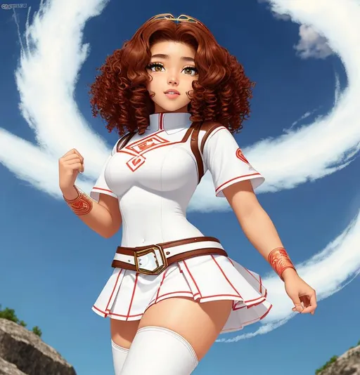 Prompt: A beautiful 14 year old ((Latina)) light elemental with light brown skin and a cute face. She has a curvy body. She has short curly reddish brown hair and reddish brown eyebrows. She wears a beautiful tight white princess outfit with a white skirt. She wears white boots. She has brightly glowing yellow eyes and white pupils. She wears a small golden tiara. She has a yellow aura around her. She is walking around in a beautiful open plains. Beautiful scene art. Full body art. {{{{high quality art}}}} ((goddess)). Illustration. Concept art. Symmetrical face. Digital. Perfectly drawn. A cool background. Five fingers