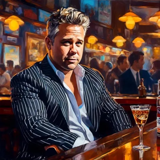 Prompt: <mymodel> Digital art, epic perspective a 1960’s inspired painting of a very good looking, handsome, GQ man with athletic build, clean cut face with longish emo style blonde hair wearing a tailored, black and white striped zoot suit seated at a bar drinking a martini, intricately detailed painting with mood lighting above and below the bar in the style of Jack Vettriano