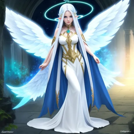 Prompt: ((elf wizard)), female, angel wings, halo, long hair, pale skin, symmetrically colored hair, ((full body)) {{good looking}} {{cute}} {{good body}} {{tight}}, {{shadows}},