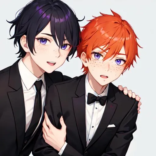 Prompt: Erikku 1male (short ginger hair, freckles, right eye blue left eye purple) wearing black suit at a wedding