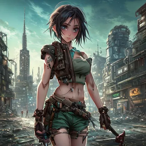 Prompt: 4k high resolution cgi anime steampunk style, petite brunette female cyborg, pretty face, green eyes, high cheek bones, dark green bikini top, low slung cargo shorts, lightly tanned body, minor cuts and bruises on body, carrying a torn teddy bear, carrying a katana sword on her hip, post apocalyptic city skyline in background, large blue moon in the sky, 