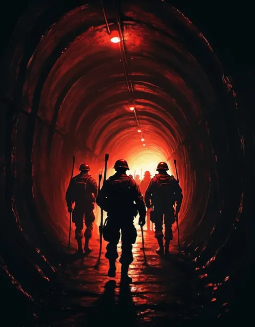 Prompt: Chiaroscuro, 8k, a digital painting of a group of soldiers walking down a huge dark underground tunnel, holding torches, red eyes glowing in the dark, from the back, horror,