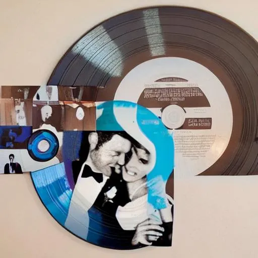 Prompt: create a realistic image using vinyl records incorporating memories and phones. Put a couple getting married in the image, white wedding dress and blue tuxedo. 