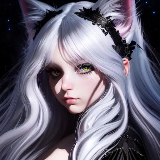 fantasy, magical, teen girl, black cat ear, long wh... | OpenArt