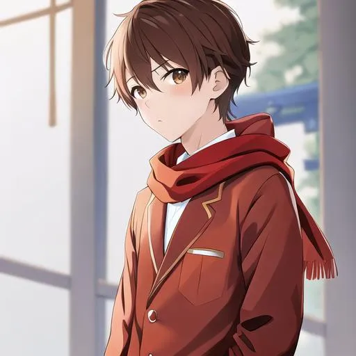 Prompt: Japan anime style, (masterpiece, best quality:1.2), illustration, absurdres, highres, extremely detailed, 1 (petite) boy, brown hair, worker suit, detailed face, apricot color short, wear red scarf, pastel color, Depth of field, facing camera, upper body
