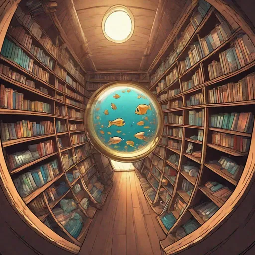 Prompt: Fisheye lens --v 5.2, corner of a library, fly's point of view, bug life, trending on artstation, 4k, dim lighting, cartoon style, in the corner looking down
