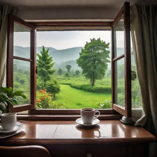 Prompt: Staggering nature view from the house window along with coffee mug on the table that is giving striking "look" to its viewers