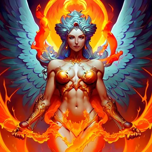 Prompt: EMANATION, ARCHANGEL OF FIRE, perfect body, perfect face, detailed body, detailed face, holy radiance, photo-realistic, wide angle view, in the style of Peter Mohrbacher.
