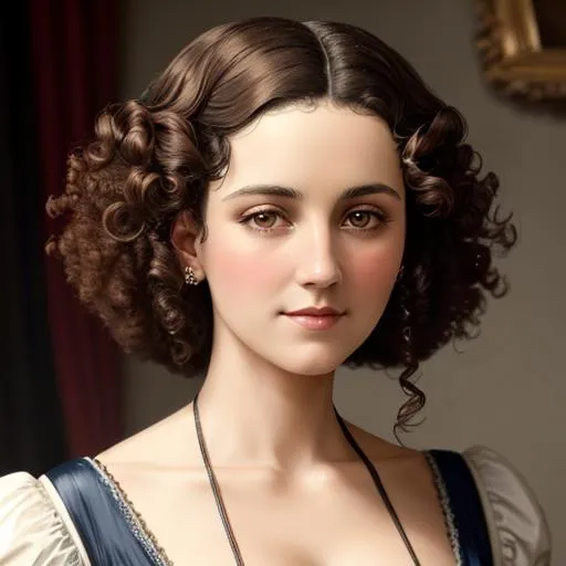 Prompt: An attractive 35 year old woman with very curly hair, elegant, Victorian era, 19th century, facial closeup, in color