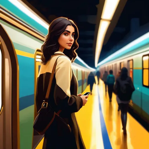 Prompt: Third person, gameplay, Turkish girl, pale olive skin, black hair, brown eyes, 2020s, smartphone, Istanbul subway station, foggy, golden atmosphere, cartoony style, extremely detailed painting by Greg Rutkowski and by Henry Justice Ford and by Steve Henderson 