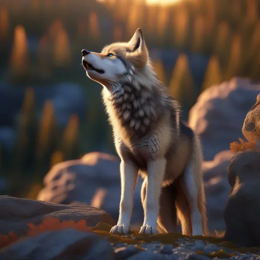 Prompt: wolf pup howling at a rocky den, cliffside, sunrise, UHD, full body focus, professional, vibrant, wild billowing fur, big 8k {blue eyes}, vivid colors, rich colors, majestic colors, majestic golden sky, realistic fur, highly detailed, intricate detail, Yuino Chiri, unreal engine, artstation