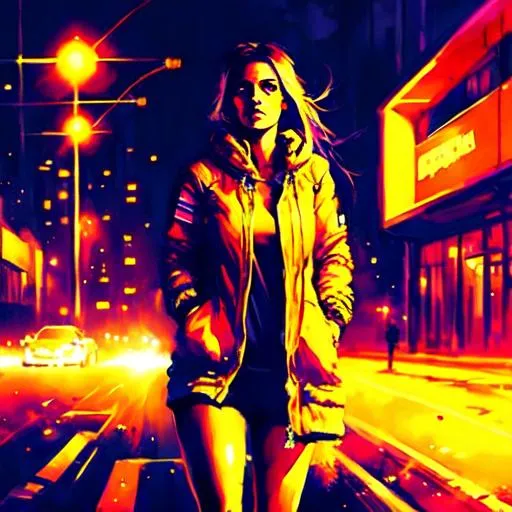 Prompt: Full body portrait of a lonely girl in a cyberpunk night scene in futuristic London 