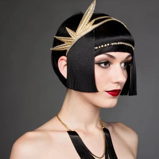 Prompt: Flapper with black bop haircut and gold rhinestone headpiece 