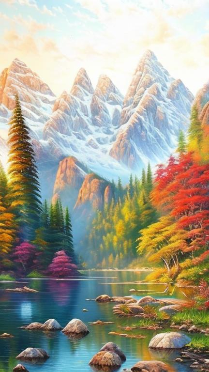 Vibrant oil painting of a serene nature scene, lush... | OpenArt