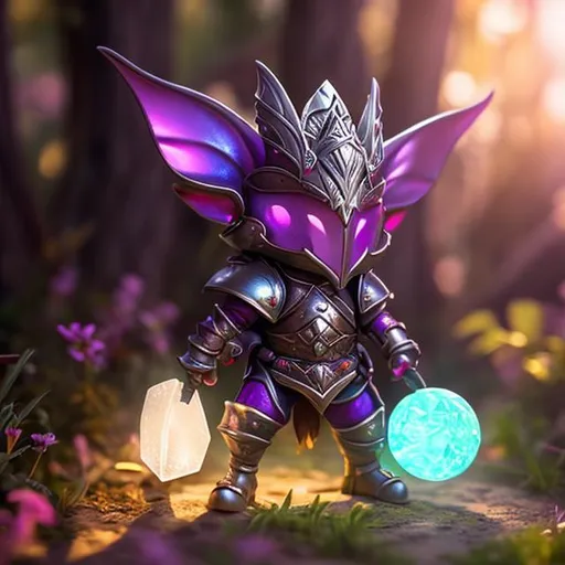 Prompt: Goblin, pots and pans armor, fantsy, playful, knight, adventure, outside background, purple skin, small, long ears, long nose, crystals, gems, magic, glow