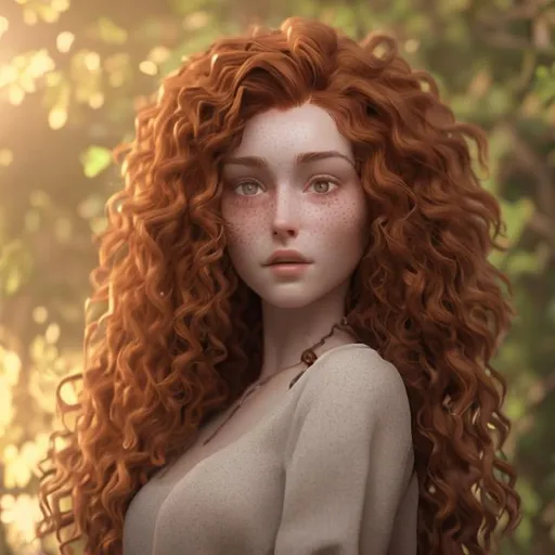 Prompt: A photorealistic auburn haired female that has curly hair, a big round moon face with a beauty spot on her cheek