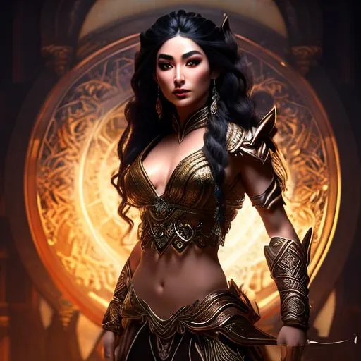 Prompt: Gorgeous, stunning, beautiful, otherworldly toned muscular Romani Yuan-Ti martial artist goddess with long braided hair wearing ancient fantasy clothing, elegant posing, full body, centered, fantasy setting, character concept, cinematic, colorful background, concept art, dramatic lighting, highly detailed, hyper realistic, intricate sharp details, octane render, smooth, studio lighting, trending on art station, 8k, HDR, unreal engine, emotive, cgi, animated, character art, iridescent, metallic