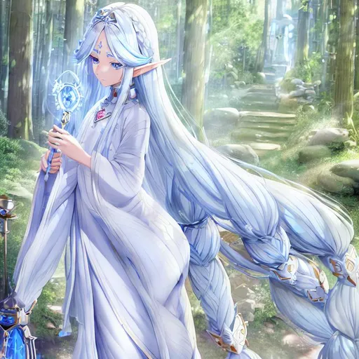 Prompt: A {young beautiful elf boy with long white hair, soft jawline, 2 pointed ears, dreamy clear blue eyes}, intricate colored hair, soft lighting, detailed face, digital painting, looking into camera, full body, beautiful with many layers white clothes, fairy forest background, royal crown on the head, wearing complicated pattern necklace, one hand holding sceptre #MY-BOY# MAN 