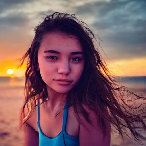Prompt: Close-up shot polaroid photo, of a teenager caucasian girl, side point of view, sunset background, beach background, soft lighting
