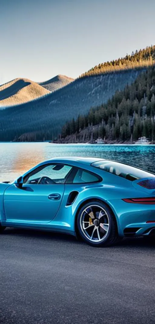 Prompt: photo porsche 911 in blue standing in dock, centred mist volumetric, cinimatic ligthing, octane render, 4k resolution, in front of lake tahoe