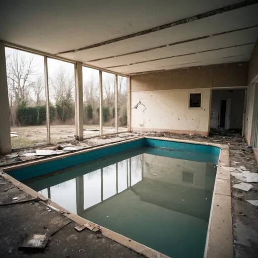 Prompt: abandonned modern house, empty pool, with dirty water,three-quarter perspective wide shot