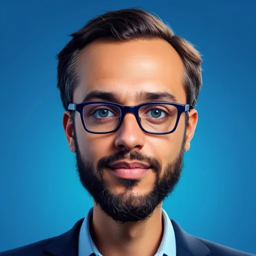 Prompt: a man with glasses and a beard is shown in a cartoon style, with a blue background and a blue background, Cedric Seaut (Keos Masons), les automatistes, animated, computer graphics