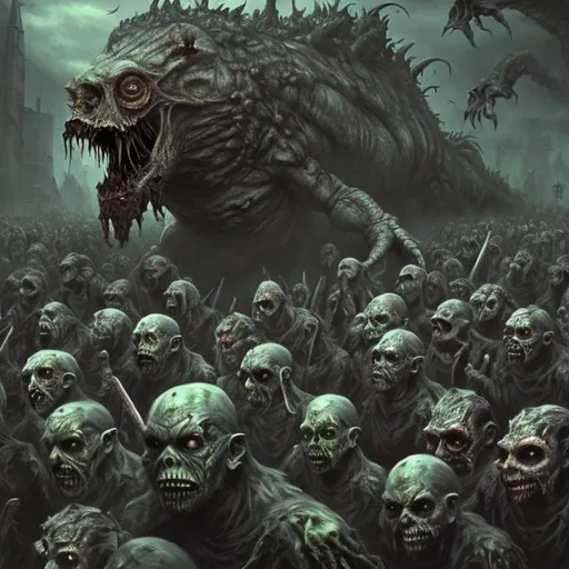 Prompt: Crowd of, Male , Undead, monsters, rotten, Humanoid, toads, rpg, attacks, photorealistic, art, art station, high detailed, full body view 