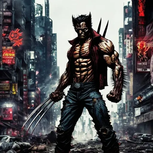 Prompt: Gritty Todd McFarlane style X-men Wolverine. Full body. Gritty, futuristic army-trained villain. Bloody. Hurt. Damaged. Accurate. realistic. evil eyes. Slow exposure. Detailed. Dirty. Dark and gritty. Post-apocalyptic Neo Tokyo .Futuristic. Shadows. Armed. Fanatic. Intense. 