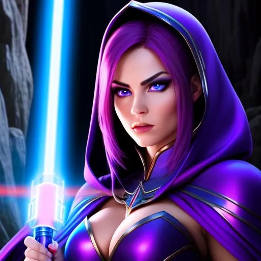 Prompt: Attractive seductive feminine (({{red skin alien}})) woman jedi with ultra realistic purple hair and ultra realistic blue eyes, hooded, holding blue glowing lightsaber, dark bokeh cave environment, fencing pose, jedi knight robe outfit with deep cleavage and hood, toned body, angry attitude and face expression, character portrait, intricate details, hyperrealistic, professional, ideal human, sharp focus, sensual feminine, highly detailed, detailed face, detailed body, UHD, HDR, 8K, 64k, render, HD Quality, trending on artstation, front view, canon, 24mm, studio lighting, ((huge breast)), ((sexy))
