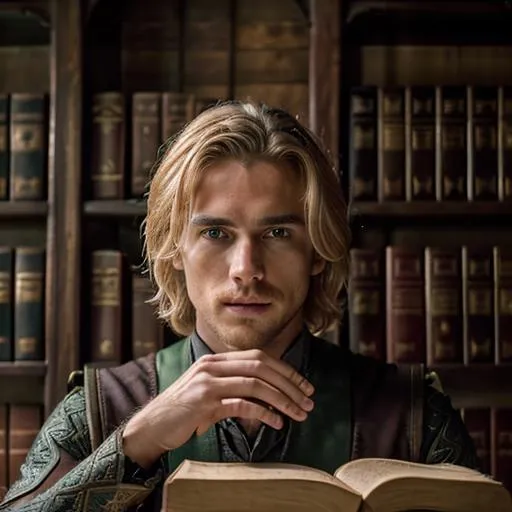 Prompt: best quality, professional picture, total, handsome male wizard, blonde hair, green eyes, adventurer, symmetrical detailed face, detailed skin texture, (blush:0.2), (goosebumps:0.3), dark medieval library in the background, RAW photo, 8k uhd, dslr, high quality, film grain, Leica 50mm, extremely detailed, dark lighting,