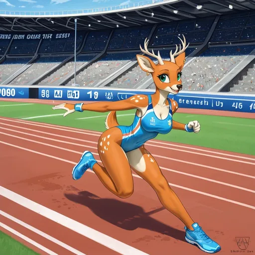 Prompt: ultra-detailed, best_quality, (cute, slim, and alluring anthropomorphic female deer girl track star), detailed smiling and expressive facial features, dynamically posed running in a track meet around a track in a stadium,  wearing track outfi, has ear piercings