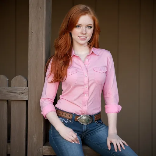 Prompt: Very beautiful red head  Girl She is wearing a pink shirt. Jeans and cowboy boots