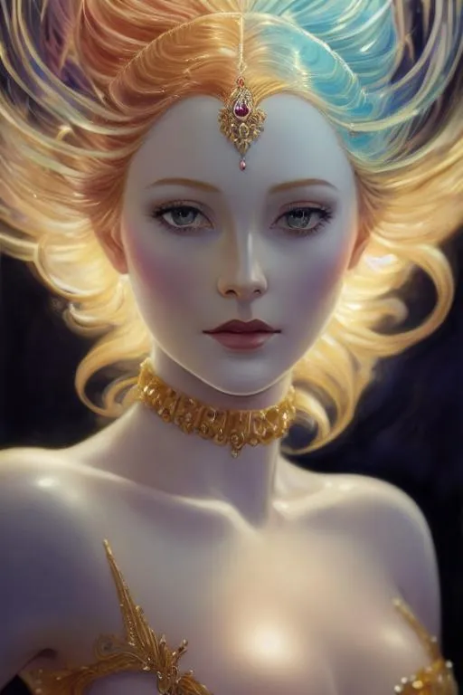 Prompt: a close up portrait of An intergalactic beautiful empress, beautiful symmetrical face, silky gradient red hair hair, golden eyes, wearing a exquisite gown with delicate intricate details, shimmer, glow. Art by  stanley artgerm, peter mohrbacher, Clint cearley, Brian Froud, rossdraws, guweiz, wlop, ilya kuvshinov, Charlie bowater, Laura Diehl, makoto shinkai. painting by daniel f gerhartz, art by Andrew Atroshenko and Edouard Bisson. highly detailed, sharp focus, ethereal, fantastic view, dreamy, Epic, celestial, sparkling, glossy, light emitting,  inner light.

